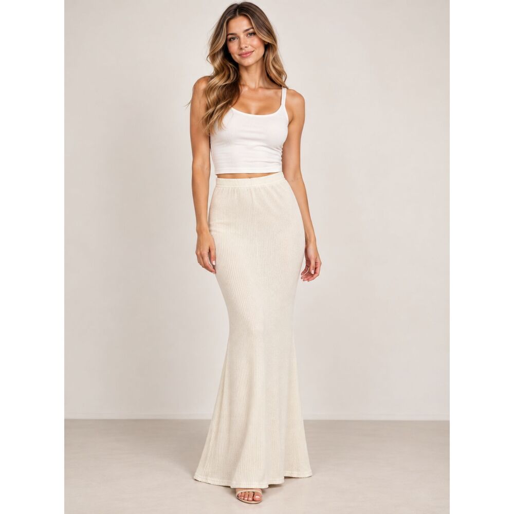 PrettyLittleThing Cream Ribbed Maxi Skirt Women's US 0 UK 4 Mermaid Hem